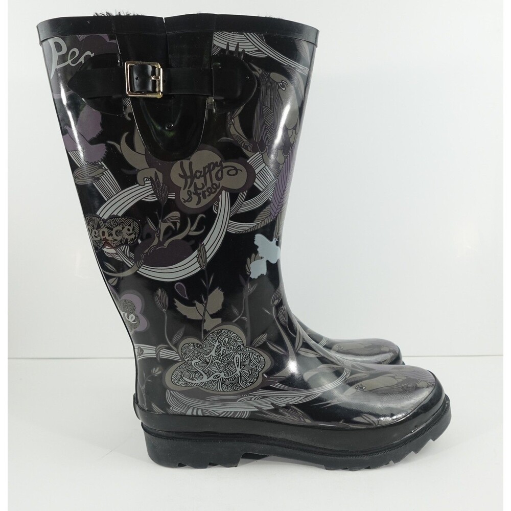 Sakroots Women's Rain Boots Black Floral Purple Butterfly Mid-Calf Size 9 - Picture 9 of 10